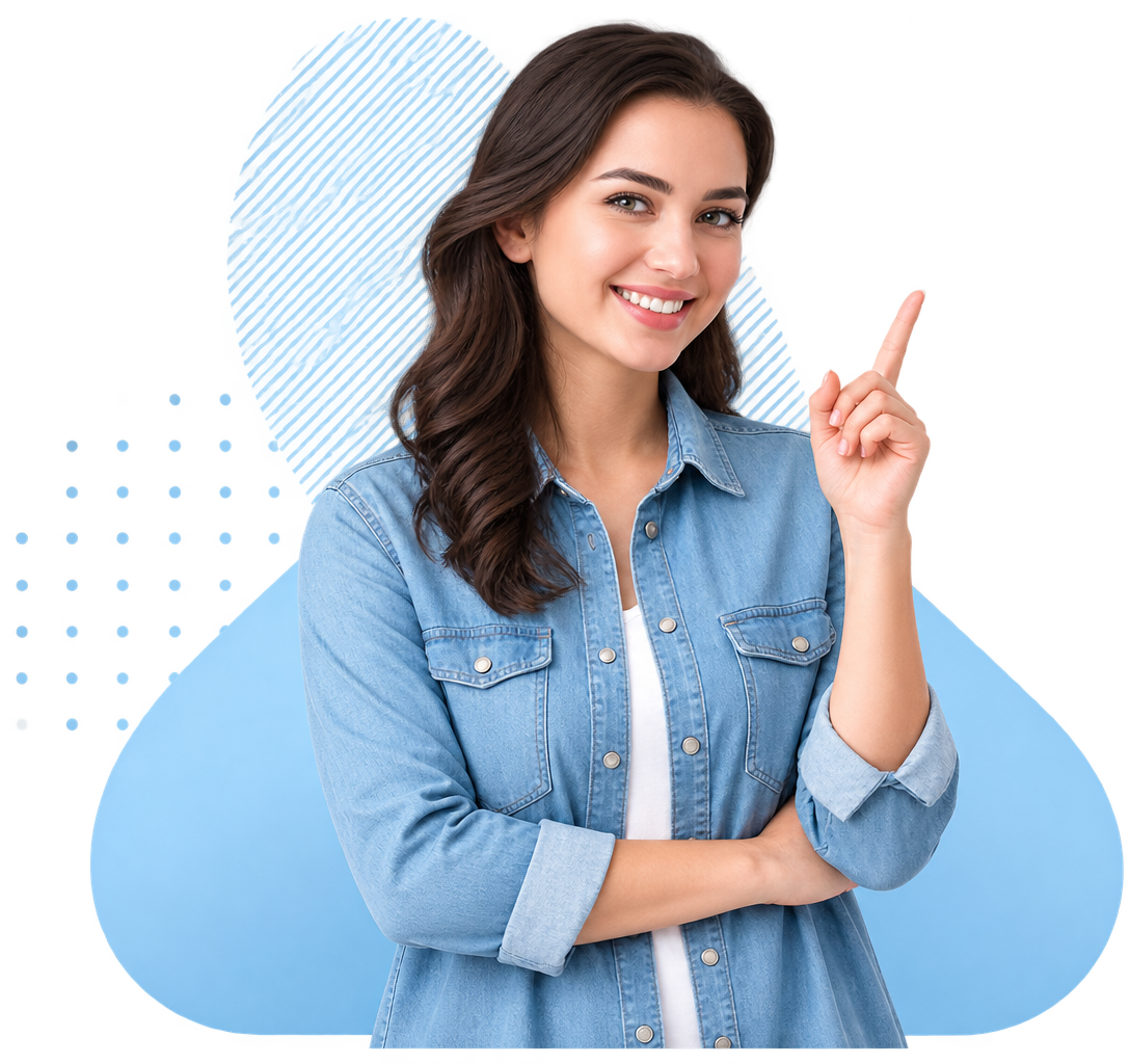 Woman pointing toward frequently asked questions